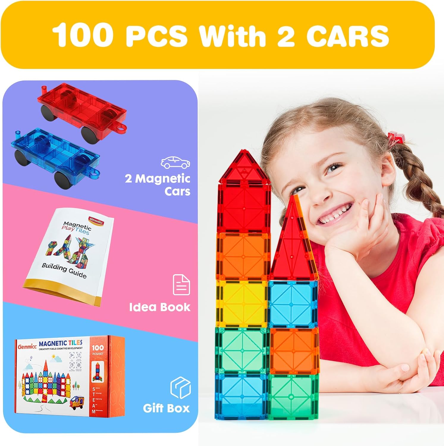 Gemmicc Magnetic Tiles 100 PCS with 2 Cars, STEM Approved Educational Magnet BuildingToys, Magnet Puzzles Stacking Blocks for Boys Girls 24hrsmart